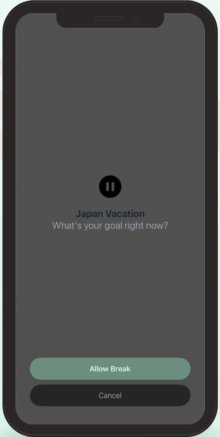 Mora's actual pause screen: a calm prompt reading 'Japan Vacation — What's your goal right now?' with an Allow Break button, shown right before a shopping app opens